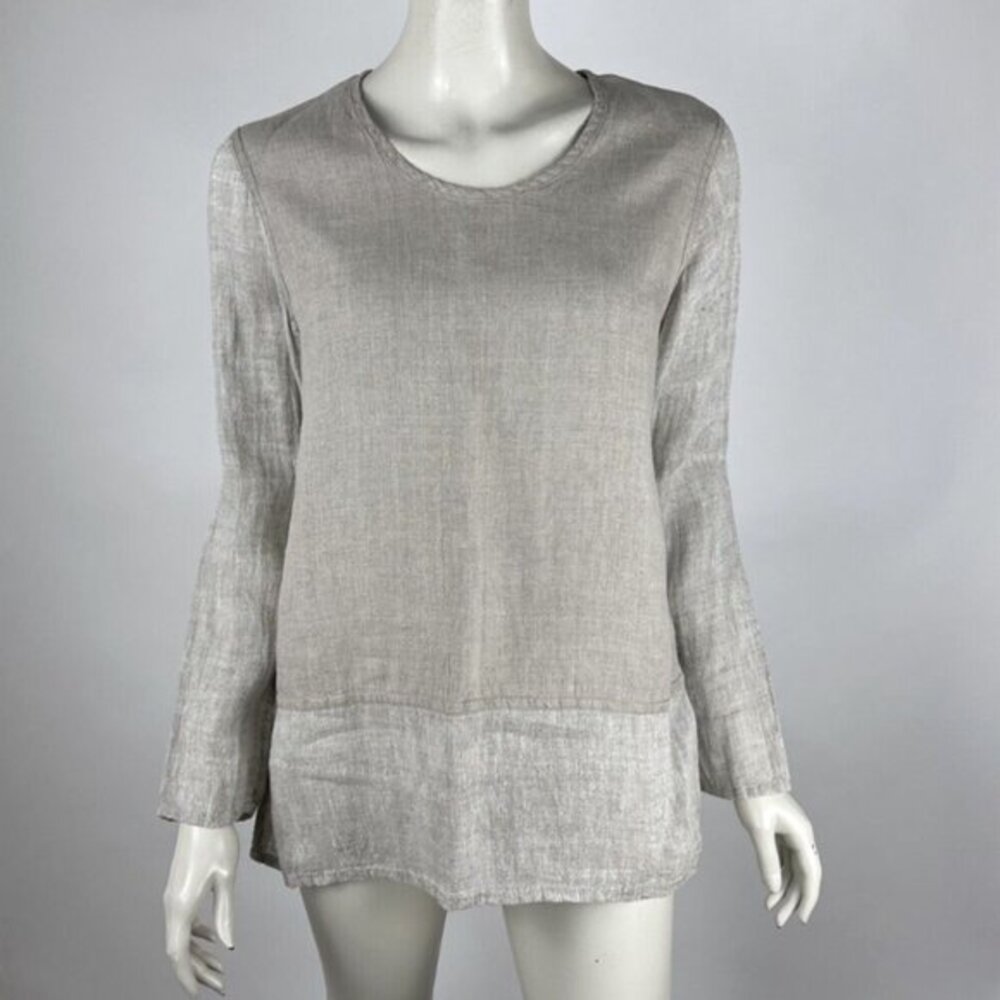 Flax Linen Tunic Top Women P EUC Long Sleeve‎ Scoop Neck Lightweight Twill Beige